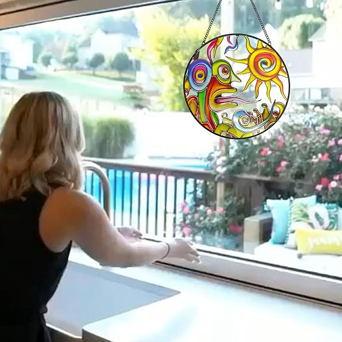 Artistic Sunrise Suncatcher Stained Glass Window Hanging, 7.9'' Abstract Sun Face Suncatchers Garden Hangings with Metal Chain