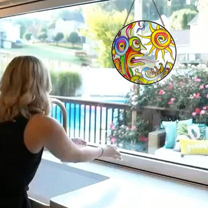 Artistic Sunrise Suncatcher Stained Glass Window Hanging, 7.9'' Abstract Sun Face Suncatchers Garden Hangings with Metal Chain