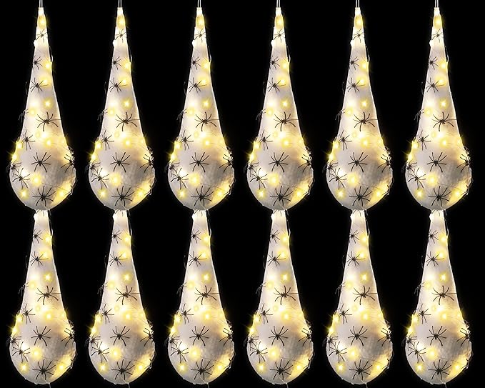 12 Pack Halloween Spider Hanging Egg Sacks Halloween Spider Sacks Decoration Large Props White Webs for Yard Haunted House Lawn Tree Outdoor Party Decor(Yellow)