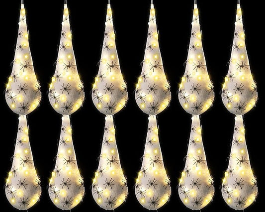 12 Pack Halloween Spider Hanging Egg Sacks Halloween Spider Sacks Decoration Large Props White Webs for Yard Haunted House Lawn Tree Outdoor Party Decor(Yellow)