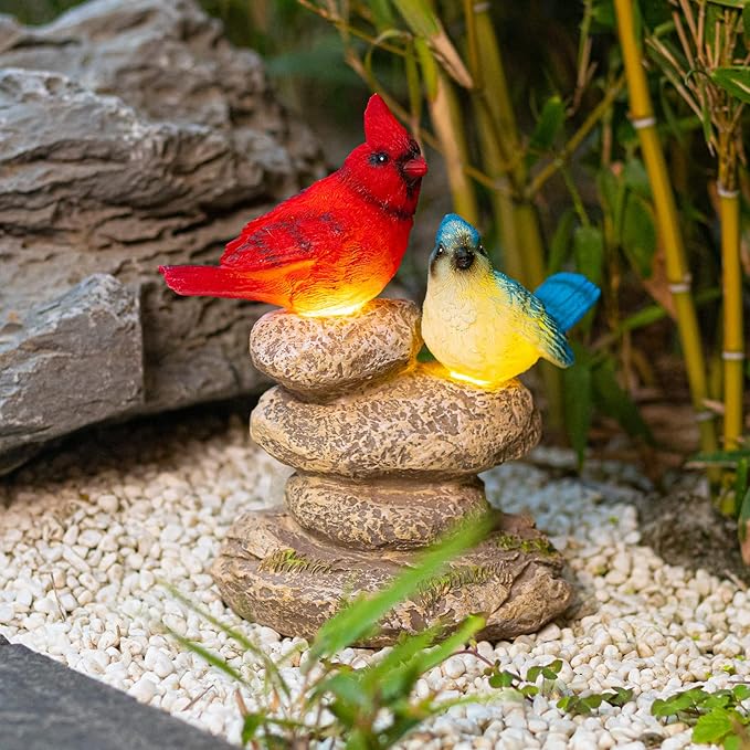 Solar Garden Statues Outdoor Decor, Garden Sculptures Stones Statue Novelty Birds Figurine Decoration for Patio Yard Porch Art Home Decor