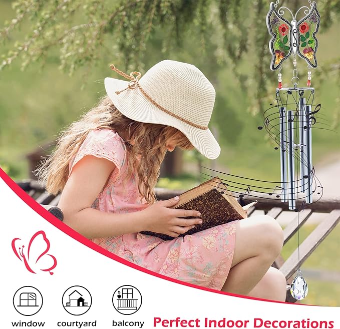 KY&BOSAM Big Butterfly Wind Chime with Crystal Sympathy Wind Spinner Memorial Wind Chime for Loss of Loved One Bereavement Sympathy Memorial Gift for Loss of Mother Father Home Garden Decor