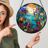 Stained Glass Window Hanging - Blue Ocean World Small Fish Coral Sun Catcher for Door Garden Home Decor Sea Suncatcher Christmas Mother's Day Birthday Gifts for Women Men Mom Nana 11.8 in