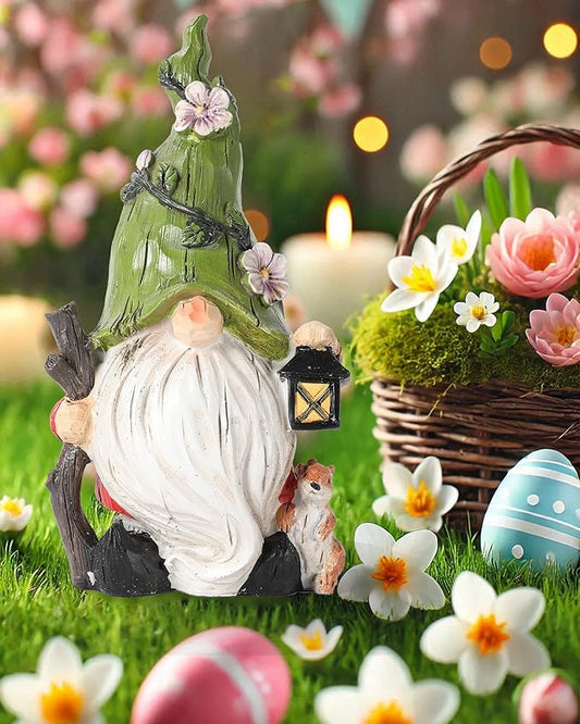 GoGnome Hand-Painted Resin Garden Gnome with Squirrel Figurine - 6.5" Tall Summer and Spring Decorations for Home, Yard, and Garden - Unique Gnome Gifts for All Ages (Green)