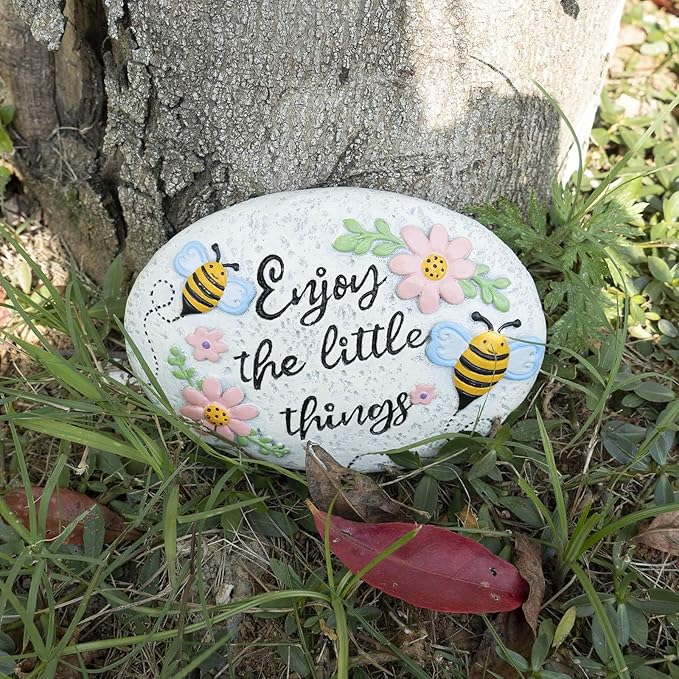 Spring Decorative Garden Stones Outdoor, 6x4.1In Bee Enjoy The Little Things Stone with Pink Floral, Concrete Stepping Stones for Walkway Pathway Yard Outside