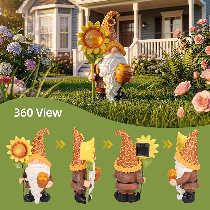 Lyeasw Solar Garden Gnome Statues with Sunflower Light - Outdoor Yard Decor - Honey Pot Gnome Figurines for Patio Lawn Walkway & Backyard, Unique Welcome Garden Gifts for Mom & Grandma