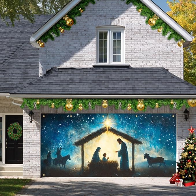 HOMETITUTE Christmas Garage Door Banner 13x6ft Holy Nativity Theme Backdrop Holiday Seasonal Decor Winter Door Cover Banners for Outside Garage Wall Covering for Party Garage Decorations