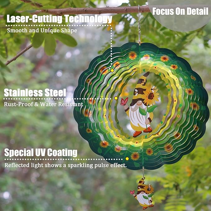 Sunflower Gnome Wind Spinners for Yard and Garden,12 Inch 3D Stainless Steel Hanging Kinetic Yard Art Wind Sculpture, Kinetic Art Garden Decor for Christmas Outdoor & Indoor