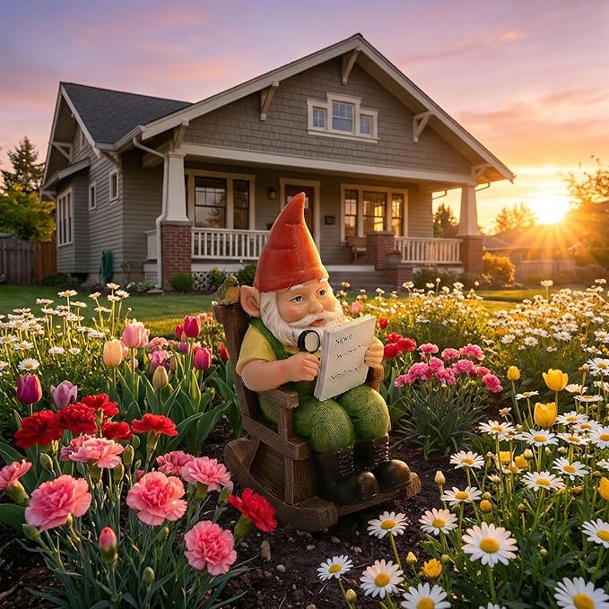 TERESA'S COLLECTIONS Garden Outdoor Decor,Gnomes Sitting in a Rocking Chair Reading a Newspaper，Gnomes Garden Decor, Waterproof Resin Garden Statue, Garden Gift, Indoor/Outdoor,5.9"