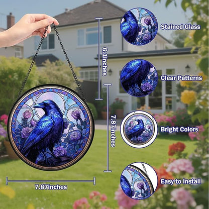 Crow Stained Glass Window Hanging, Raven Suncatcher Diamond Glass Panel Hangings, Sun Catchers Indoor Windows Wall Art, Gift for Birds Lover, Christmas Decor for Home Garden Office Purple 7.87 inches