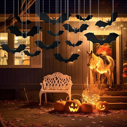 18 PCS Hanging Bats Halloween Decorations - 3 Different Sizes Black Bats with Glowing Eyes for Outdoor and Indoor Party Decor - Yard, Wall, Tree, Lawn