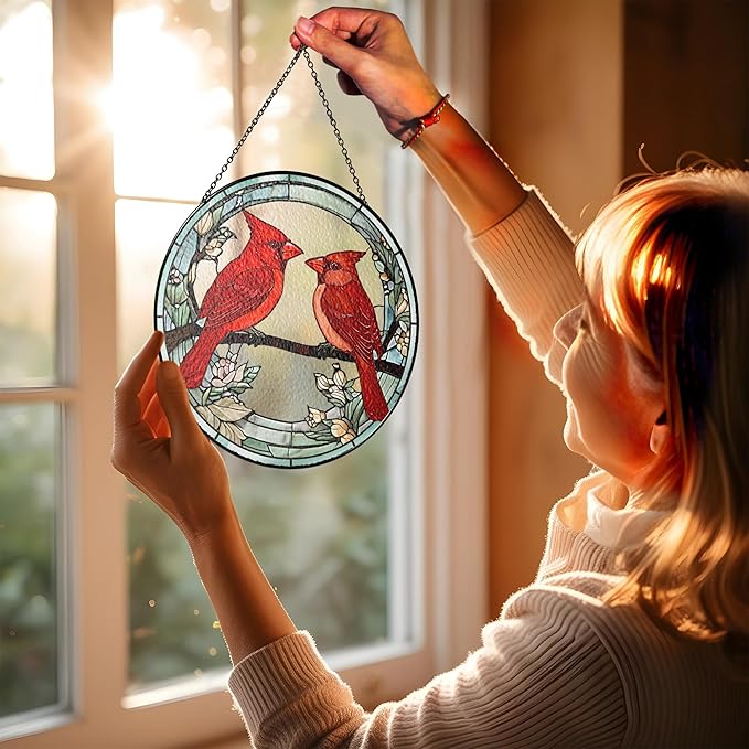 6" Cardinal Bird Stained Glass Suncatchers Art Glass Birds and Flowers for Sun Catcher Indoor Window Gifts for Nature Floral Bird Lovers Women Mom Friend Painted Panel Décor BIRD-02B-SG6