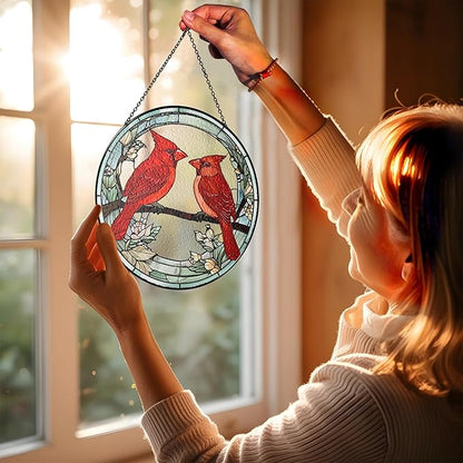 6" Cardinal Bird Stained Glass Suncatchers Art Glass Birds and Flowers for Sun Catcher Indoor Window Gifts for Nature Floral Bird Lovers Women Mom Friend Painted Panel Décor BIRD-02B-SG6