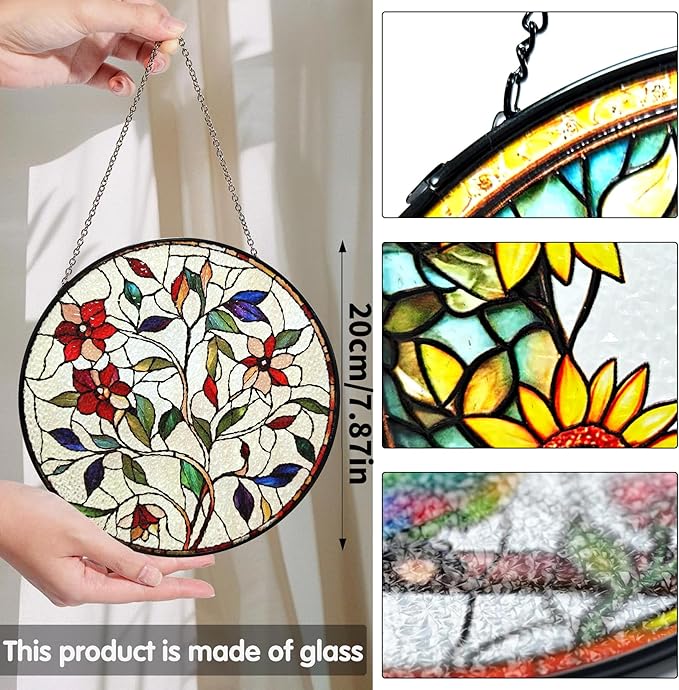 Bimkole Flower Stained Glass Suncatcher Window Hanging - Leaves Design for Indoor Window or Doorway Decoration - 7.87x7.87 inch with Chain and Hook - Unique Home Decor Gift