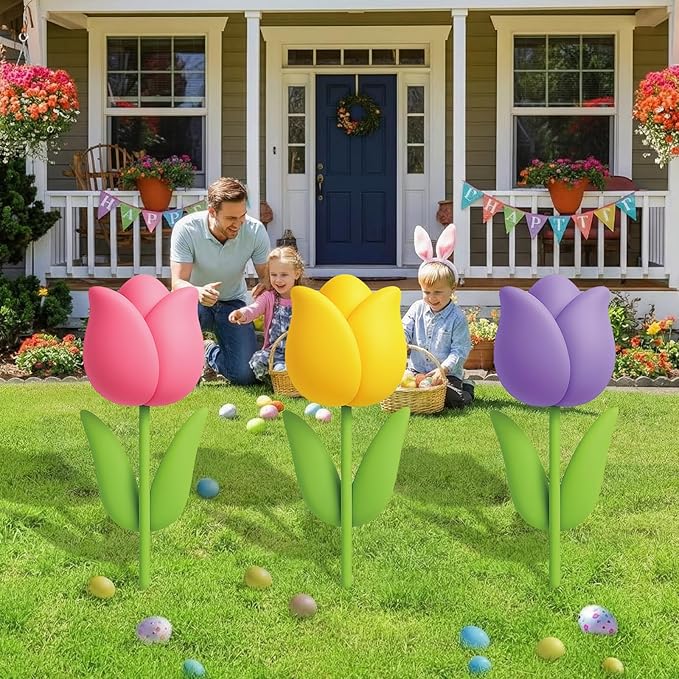 DoubleFill 3 Pcs Easter Decorations Outdoor 3D Metal Easter Eggs Tulip Yard Signs Decorative Garden Stakes Eggs Bunny Lawn Decorations Yard Decor for Spring Lawn Pathway Garden(Tulip Style)