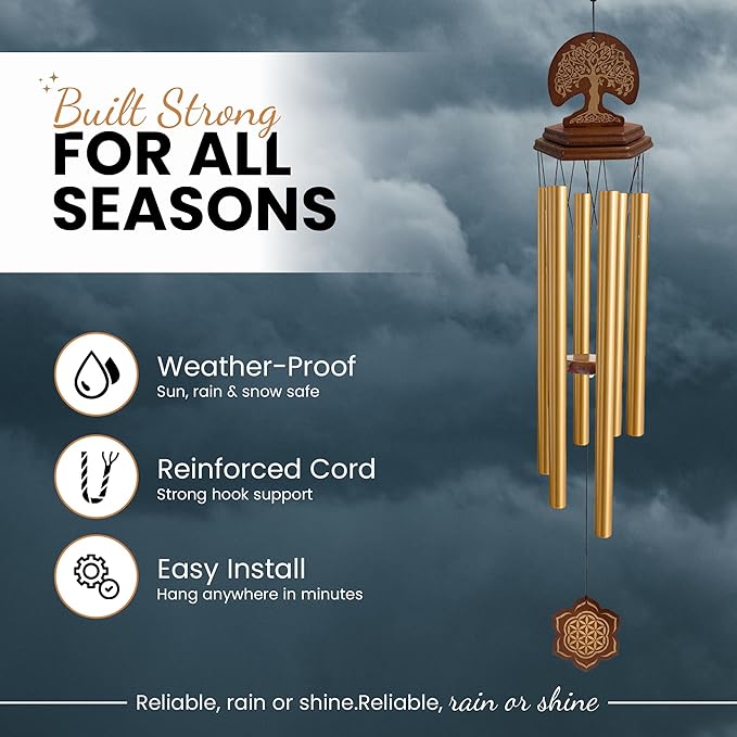 Wind Chimes Outdoor - Sympathy Gift for Loss of a Loved one, 36" Funeral Gift Includes a Letter from Heaven & Keepsake Keychain, Deep Toned, Double Sided Engraving Hexagonal Pendant - Golden