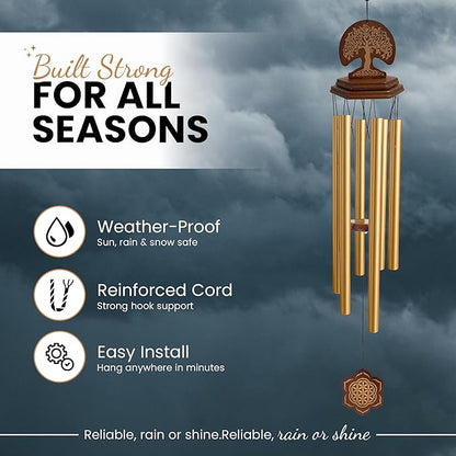 Wind Chimes Outdoor - Sympathy Gift for Loss of a Loved one, 36" Funeral Gift Includes a Letter from Heaven & Keepsake Keychain, Deep Toned, Double Sided Engraving Hexagonal Pendant - Golden