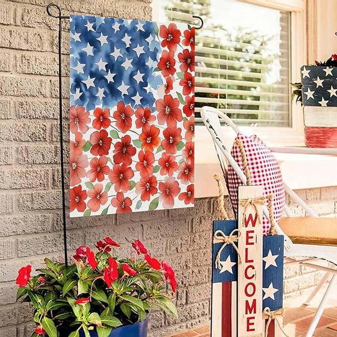 4th of July Patriotic Garden Flags 12x18 Inch Vertical Double Sided Outside, Memorial Day Independence Day Floral Yard Flag Decor, Holiday Outdoor Spring Summer Seasonal Decorations for Home