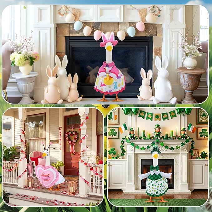 Abbylike 3 Set St. Patrick's Day Porch Goose Outfits Easter Spring Yard Goose Clothes Valentine's Day Lawn Costume for 23 Inch Cement Patio Garden Outdoor Statue Decor