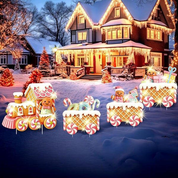 Marsui 4 Pcs Christmas Train Decoration Yard Sign with 4 LED Light Lawn Sign Christmas Pink Gingerbread Candy Gift Box Train Set with 8 Stake for Xmas Garden Outdoor Holiday Party Decor