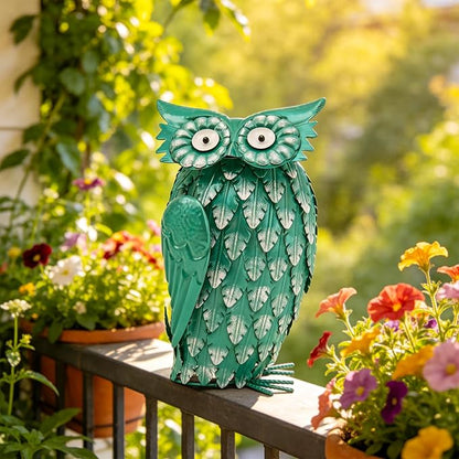 Metal Owl Statue 14"- Whimsical Rustic Garden Decor, Handmade Iron Bird Sculpture for Patio, Yard, Shelf, Desk, Boho Home Accent for Living Room, Bedroom, Office, Unique Gift for Bird Lovers