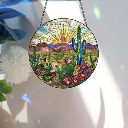 Bimkole Cactus Stained Glass Suncatcher Window Hanging - Plants Indoor Window or Doorway Decoration - Handmade Sun Catcher Decor for Garden Home Christmas & Birthday Gifts 7.87x7.87 Inch