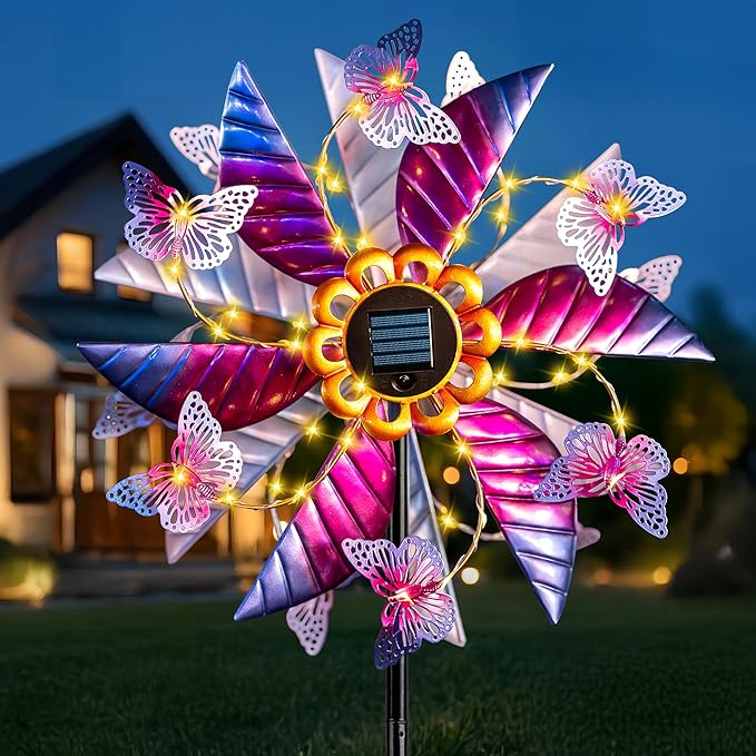 Solar Wind Spinner Outdoor Metal - Large Kinetic Garden Wind Spinners with Solar LED Lights, Waterproof Butterfly Yard Art Sculptures & Spinners for Patio, Lawn, Pathway, Backyard