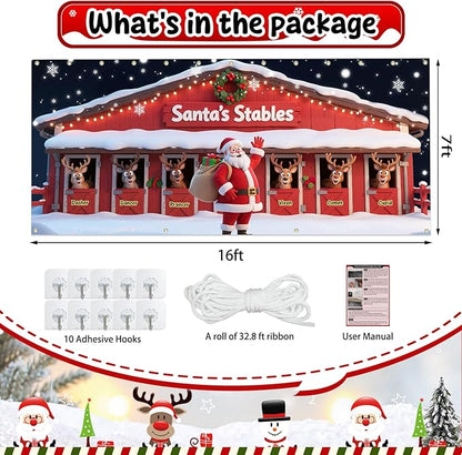 Christmas Decorations Garage Door Cover, 16 x 7 ft Santa's Stables Xmas Garage Door Banner Covering Mural Backdrop Background, Holiday Party Wall Decor Indoor Outdoor