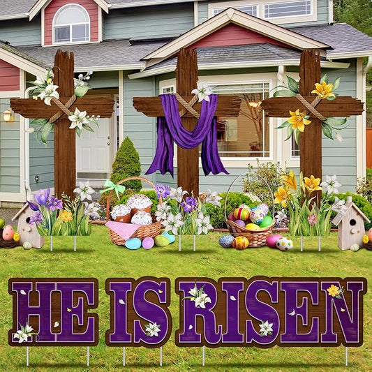 Menkxi 14 Pcs Easter Large Yard Sign Holiday Outdoor Lawn Decorations Religious He Is Risen Easter Yard Decor with Stakes Spring Cross Sign for Lawn Pathway Garden Christian Holiday Party Decor