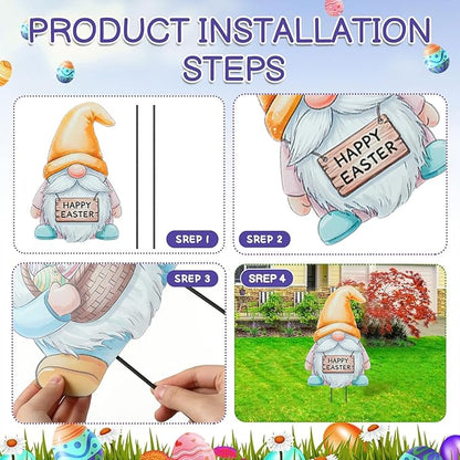 DoubleFill 3 Pcs Easter Decorations Outdoor 3D Metal Easter Eggs Tulip Yard Signs Decorative Garden Stakes Eggs Bunny Gnome Lawn Decorations Yard Decor for Spring Lawn Pathway Garden(Gnome Style)