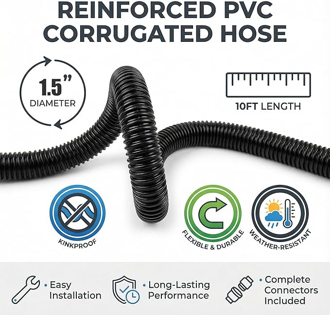 Corrugated Pond Tubing - Flexible, Kinkproof, Reinforced PVC Hose for Water Gardens, Pumps, Waterfalls & Aquaculture (10 Feet Black, 1-1/2 Inch)