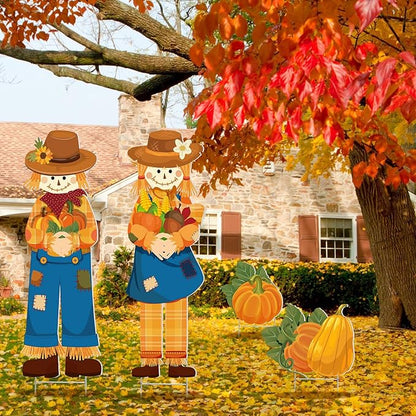 Geetery 4 Pieces Thanksgiving Outdoor Decorations Fall Yard Stake Scarecrow Pilgrim Pumpkins Porch Sign with Stake Autumn Harvest Garden Decor for Outside Lawn Decoration 32.28 x 10.47 Inch(Scarecrow)