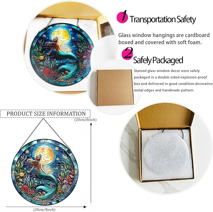 RIVEENY Mermaid Suncatcher Stained, Stained Glass Window Hanging, Mermaid Suncatchers for Windows, Hand Painted Glass for Ocean Lover 20cm/7.87inch