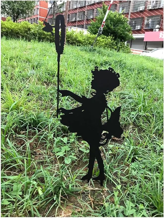Butterfly Girl Silhouette Sculpture,Shadow Art Garden Figurines, Metal Garden Fence Stake for Lawn Outdoor Patio Home Decor (D)
