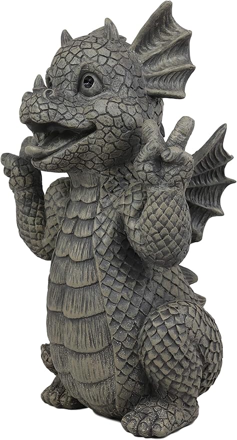 Ebros Whimsical Garden Dragon with Hippie Peace Sign Gesture Statue 10.5" Tall Cute Baby Dragonling Smiling Wide Faux Stone Resin Finish Figurine Home Decor Sculpture