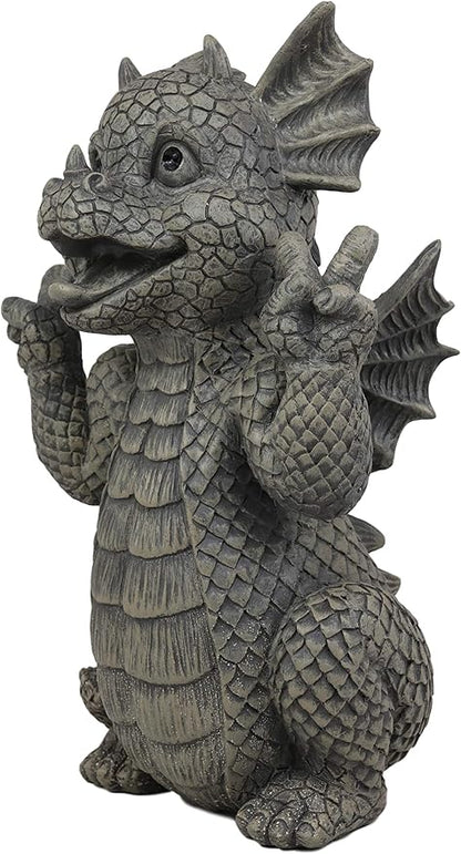 Ebros Whimsical Garden Dragon with Hippie Peace Sign Gesture Statue 10.5" Tall Cute Baby Dragonling Smiling Wide Faux Stone Resin Finish Figurine Home Decor Sculpture