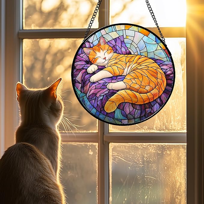 Stained Glass Window Hanging Sleeping Orange Cat 9.8" - Memorial Gift Suncatcher Door Sun Catcher Decor Birthday Christmas for Lost Pets Mom Men Woman Friend