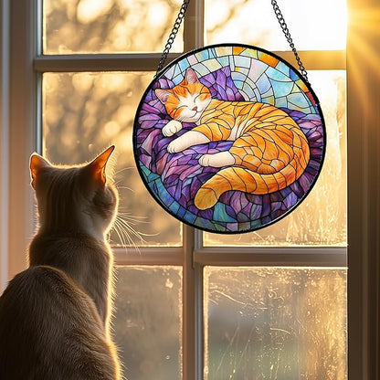 Stained Glass Window Hanging Sleeping Orange Cat 9.8" - Memorial Gift Suncatcher Door Sun Catcher Decor Birthday Christmas for Lost Pets Mom Men Woman Friend