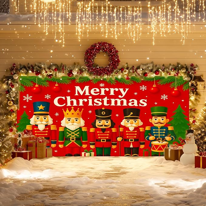 IVN Christmas Garage Door Cover Decoration 13x6ft Nutcracker Lineup Green Accents Red Banner Merry Christmas Garage Door Banner Home Door Front Yard Decor for Xmas Eve Holiday Outdoor