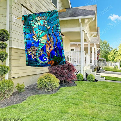 Stained Glass Style Seahorse House Flag 28x40 Inch Double Sided Outside, Coastal Ocean Garden Flag Burlap Yard Flags for Summer Holiday Party Outdoor Decoration