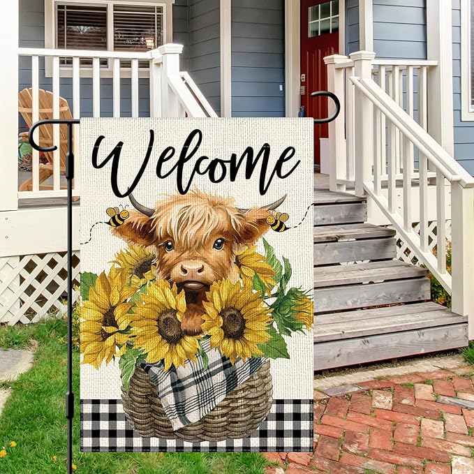 DLZDN Welcome Summer Garden Flag Sunflower Highland Cow Garden Flag 12×18 Inch Double Sided Buffalo Plaid Farmhouse Yard Flag Spring Summer Seasonal Outdoor Decor