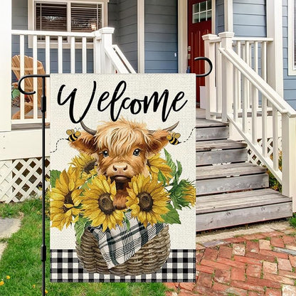 DLZDN Welcome Summer Garden Flag Sunflower Highland Cow Garden Flag 12×18 Inch Double Sided Buffalo Plaid Farmhouse Yard Flag Spring Summer Seasonal Outdoor Decor