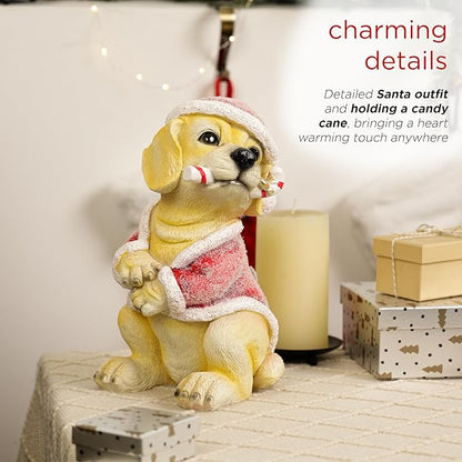 Alpine Corporation 11" Tall Indoor/Outdoor Christmas Golden Labrador Puppy Statue with Santa Hat and Candy Cane, Holiday Decoration for Porch, Tabletop, or Entryway