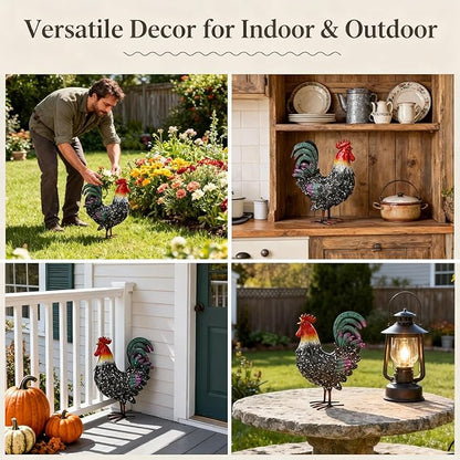 Metal Rooster Statue Chicken Decor, Rustic Farmhouse Spring Garden Yard Art, Weather Resistant Outdoor Sculpture for Patio Lawn Backyard, Ideal for Home Kitchen Decor