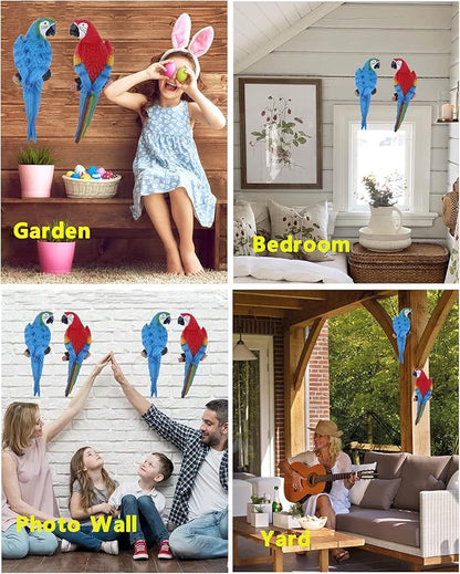 2Pcs Large Parrot Decor Outdoor Tiki Bar Decorations Realistic Parrot Statues for Outside Lifelike Bird Fake Macaw Sculptures Garden Patio Yard Law Tropical Tree Wall Decoration(Blue, Red)
