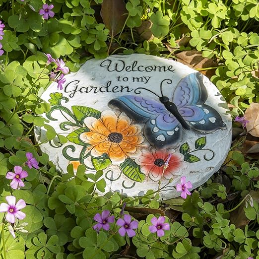 Garden Stepping Stones Outdoor Butterfly Step Stones for Walkway Gardening Gifts Welcome to My Garden Decorative Round Concrete Stones for Outside Yard Stone
