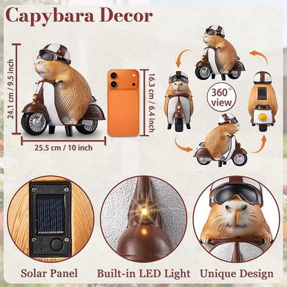 Capybara Solar Outdoor Figurine Light, Capybara Riding Motorcycle Garden Statue with LED Headlight, Waterproof Solar Powered Lawn Decor for Yard Patio Porch, 8.6” x 4.7” x 9.4”