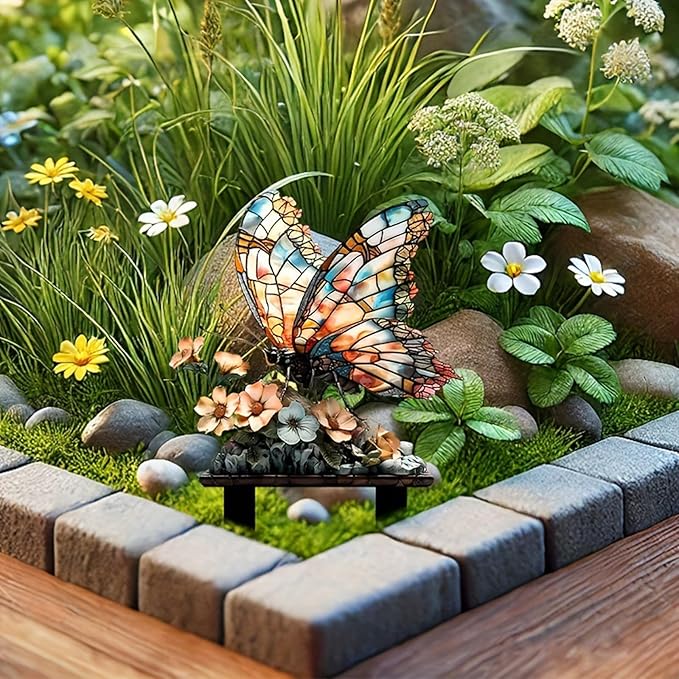 Garden Stake Decor, Acrylic 2D Flat Cute Animal Statue, Fairy Sculptures Ornament Indoor Outdoor Yard Lawn Pot Plant Decorative Accessories (Floral Butterfly)