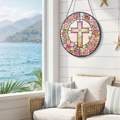 Sun Catcher Cross Stained Glass 7.9 Inch Suncatcher Religious Cross and Roses Suncatchers for Windows Hanging Gifts for Women Cottage Core Apartment Home Decor Christian Gift Religious Gift