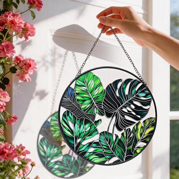 8'' Stained Glass Window Hanging, Monstera Plant Stained Glass Suncatcher, Window Hanging Decor, Plant Lover Decor, Plant Lover Gifts, Home Garden Housewarming Gifts